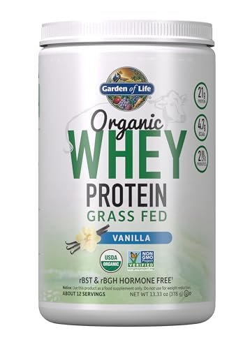 Garden of Life Grass Fed Molkenproteinpulver Vanille – 21g Protein für Frauen & Männer + Probiotika – 12 Portionen – Glutenfrei, Nicht-GVO, Koscher, Human, RBST & rBGH Hormonfrei