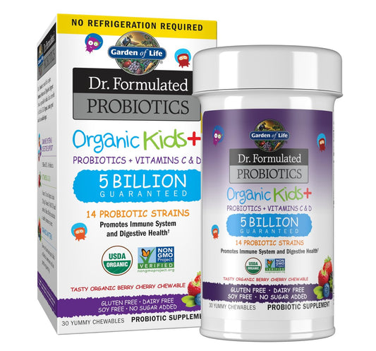 Garden of Life Dr. Formulated Probiotics Organic Kids+ plus Vitamin C & D - Beeren-Kirsche - gluten-, milch- & sojafreies Immun- & Verdauungsergänzungsmittel, kein zugesetzter Zucker, 30 Kautabletten (haltbar)