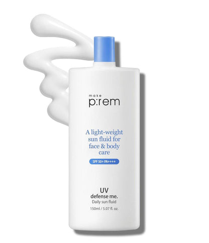MAKEPREM Defense Me Daily Vegan Sun Fluid – Leichter, nicht fettender Sonnenschutz SPF 50+ PA++++, beruhigend, feuchtigkeitsspendend, riffsicher, für empfindliche und zu Akne neigende Haut, Gesicht und Körper, 150 ml