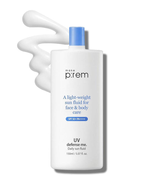 MAKEPREM Defense Me Daily Vegan Sun Fluid – Leichter, nicht fettender Sonnenschutz SPF 50+ PA++++, beruhigend, feuchtigkeitsspendend, riffsicher, für empfindliche und zu Akne neigende Haut, Gesicht und Körper, 150 ml