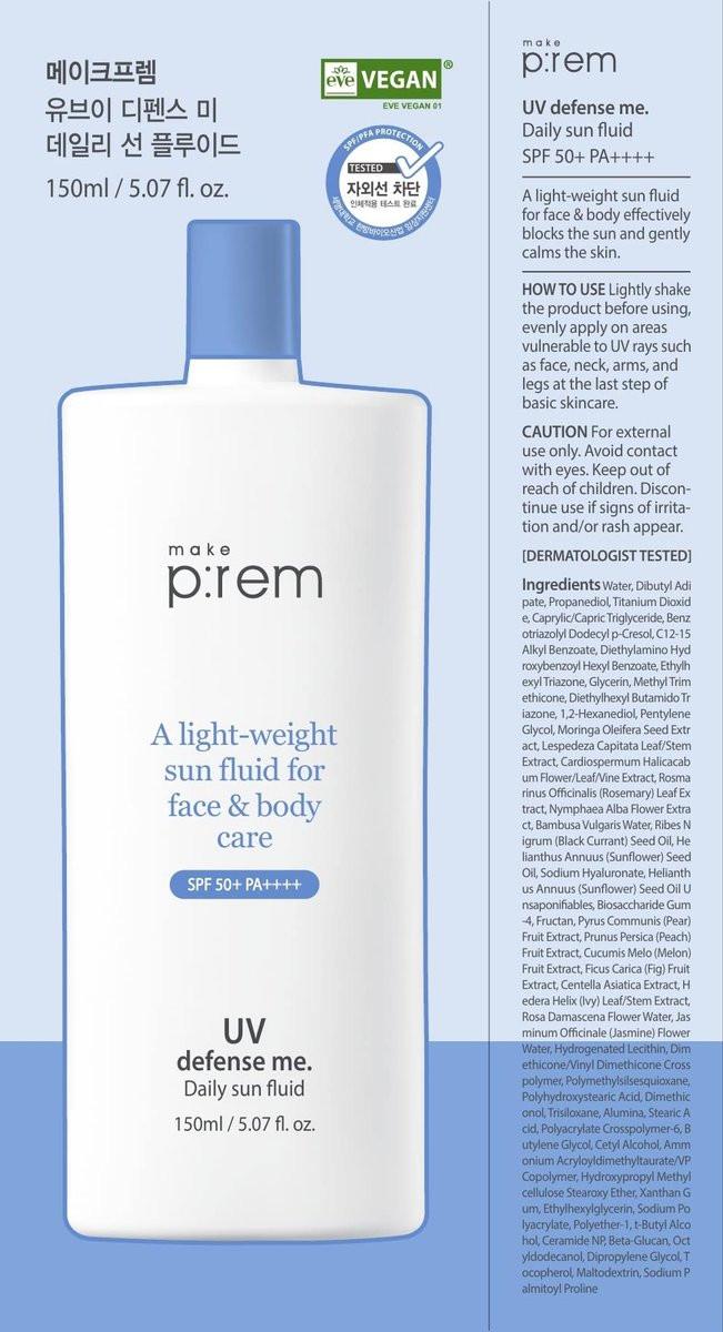 MAKEPREM Defense Me Daily Vegan Sun Fluid – Leichter, nicht fettender Sonnenschutz SPF 50+ PA++++, beruhigend, feuchtigkeitsspendend, riffsicher, für empfindliche und zu Akne neigende Haut, Gesicht und Körper, 150 ml