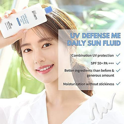 MAKEPREM Defense Me Daily Vegan Sun Fluid – Leichter, nicht fettender Sonnenschutz SPF 50+ PA++++, beruhigend, feuchtigkeitsspendend, riffsicher, für empfindliche und zu Akne neigende Haut, Gesicht und Körper, 150 ml