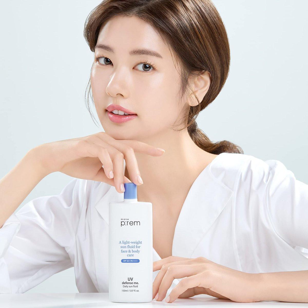 MAKEPREM Defense Me Daily Vegan Sun Fluid – Leichter, nicht fettender Sonnenschutz SPF 50+ PA++++, beruhigend, feuchtigkeitsspendend, riffsicher, für empfindliche und zu Akne neigende Haut, Gesicht und Körper, 150 ml