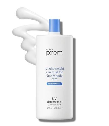 MAKEPREM Defense Me Daily Vegan Sun Fluid – Leichter, nicht fettender Sonnenschutz SPF 50+ PA++++, beruhigend, feuchtigkeitsspendend, riffsicher, für empfindliche und zu Akne neigende Haut, Gesicht und Körper, 150 ml