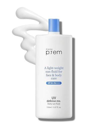MAKEPREM Defense Me Daily Vegan Sun Fluid – Leichter, nicht fettender Sonnenschutz SPF 50+ PA++++, beruhigend, feuchtigkeitsspendend, riffsicher, für empfindliche und zu Akne neigende Haut, Gesicht und Körper, 150 ml
