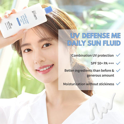MAKEPREM Defense Me Daily Vegan Sun Fluid – Leichter, nicht fettender Sonnenschutz SPF 50+ PA++++, beruhigend, feuchtigkeitsspendend, riffsicher, für empfindliche und zu Akne neigende Haut, Gesicht und Körper, 150 ml