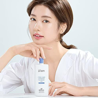 MAKEPREM Defense Me Daily Vegan Sun Fluid – Leichter, nicht fettender Sonnenschutz SPF 50+ PA++++, beruhigend, feuchtigkeitsspendend, riffsicher, für empfindliche und zu Akne neigende Haut, Gesicht und Körper, 150 ml