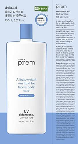 MAKEPREM Defense Me Daily Vegan Sun Fluid – Leichter, nicht fettender Sonnenschutz SPF 50+ PA++++, beruhigend, feuchtigkeitsspendend, riffsicher, für empfindliche und zu Akne neigende Haut, Gesicht und Körper, 150 ml
