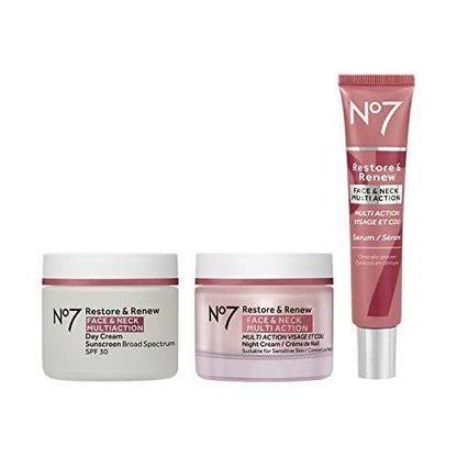 No7 Restore & Renew Gesicht & Hals Multi Action Pflegesystem – SPF 30 Tagescreme mit Vitamin C & Kollagenpeptiden + Anti-Aging Gesichtsserum + Hyaluronsäure Feuchtigkeits-Nachtcreme (3-teiliges Set)