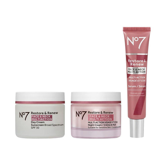 No7 Restore & Renew Gesicht & Hals Multi Action Pflegesystem – SPF 30 Tagescreme mit Vitamin C & Kollagenpeptiden + Anti-Aging Gesichtsserum + Hyaluronsäure Feuchtigkeits-Nachtcreme (3-teiliges Set)