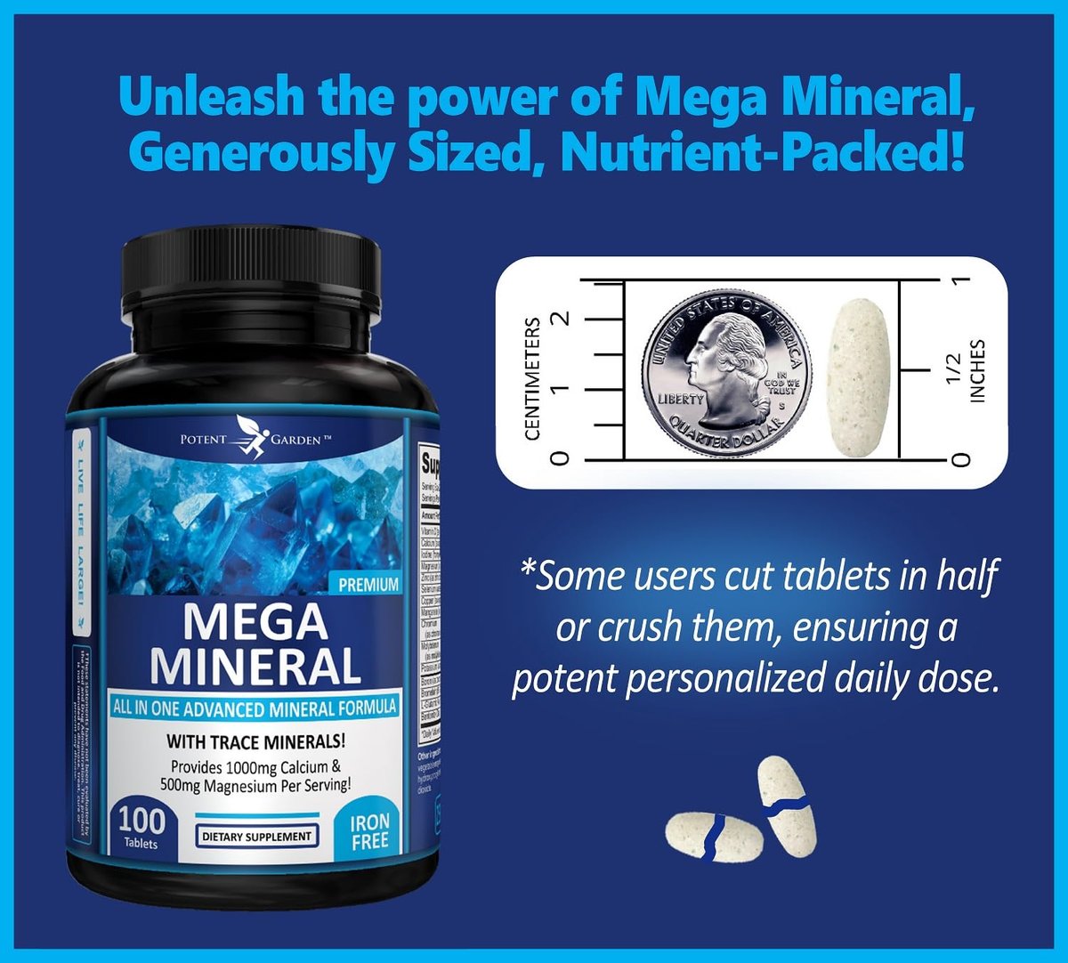 Potent Garden Mega Mineral Komplex – Vollständiger Mineralienkomplex mit Calcium, Magnesium, Zink, Kalium, Bor, Selen, Chrom & 72 Spurenelementen – Eisenfreies Calciumpräparat – 100 Kapseln