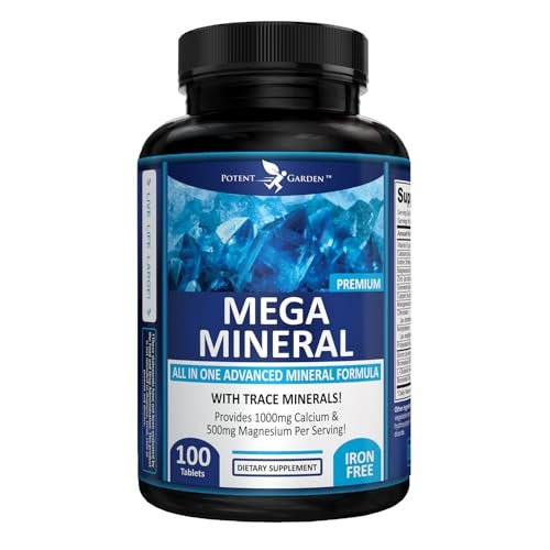 Potent Garden Mega Mineral Komplex – Vollständiger Mineralienkomplex mit Calcium, Magnesium, Zink, Kalium, Bor, Selen, Chrom & 72 Spurenelementen – Eisenfreies Calciumpräparat – 100 Kapseln