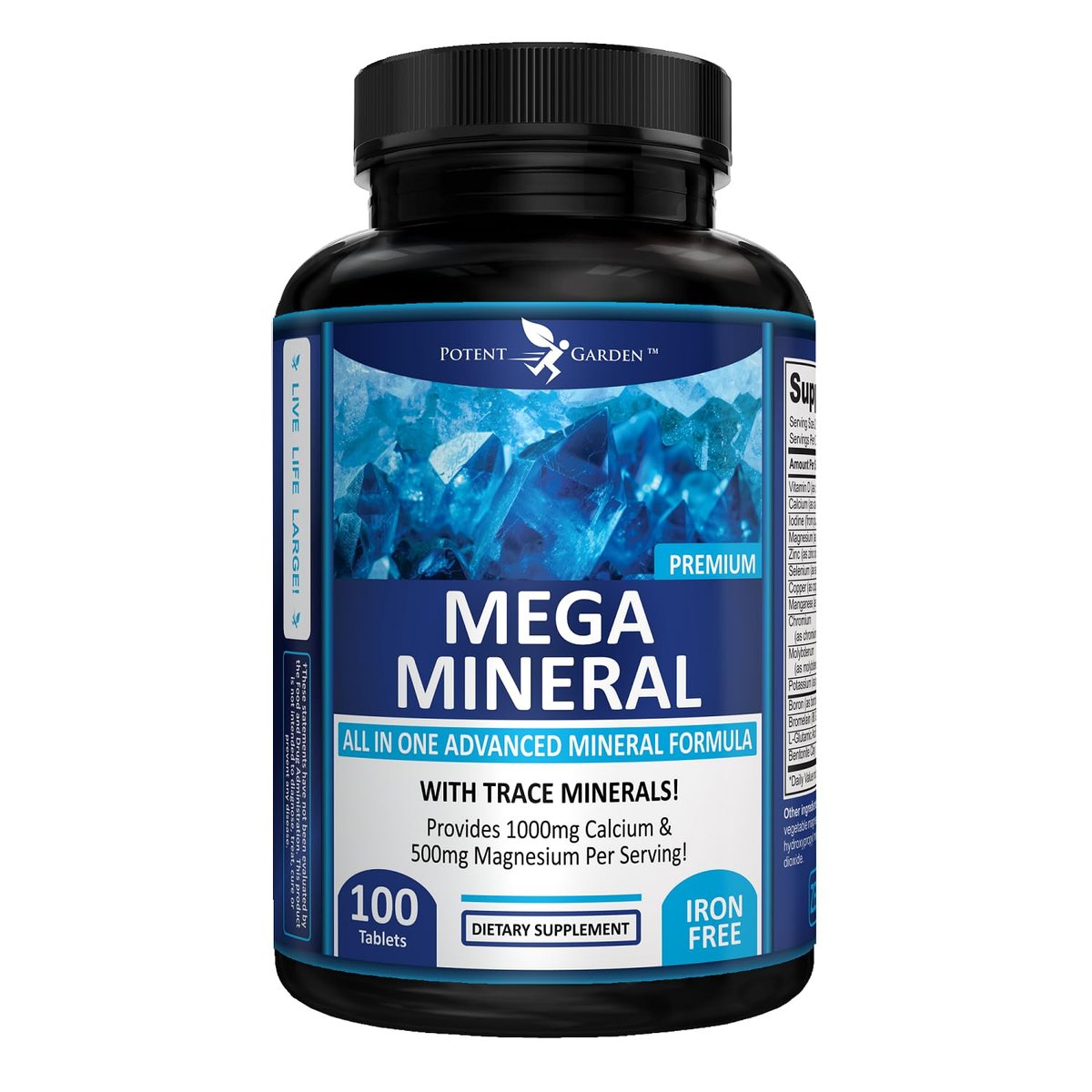 Potent Garden Mega Mineral Komplex – Vollständiger Mineralienkomplex mit Calcium, Magnesium, Zink, Kalium, Bor, Selen, Chrom & 72 Spurenelementen – Eisenfreies Calciumpräparat – 100 Kapseln