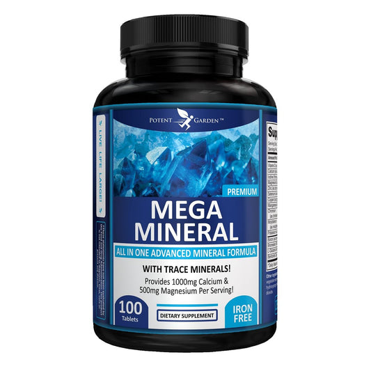 Potent Garden Mega Mineral Komplex – Vollständiger Mineralienkomplex mit Calcium, Magnesium, Zink, Kalium, Bor, Selen, Chrom & 72 Spurenelementen – Eisenfreies Calciumpräparat – 100 Kapseln