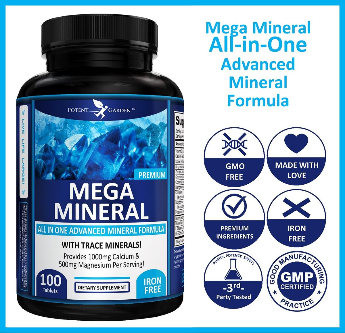 Potent Garden Mega Mineral Komplex – Vollständiger Mineralienkomplex mit Calcium, Magnesium, Zink, Kalium, Bor, Selen, Chrom & 72 Spurenelementen – Eisenfreies Calciumpräparat – 100 Kapseln