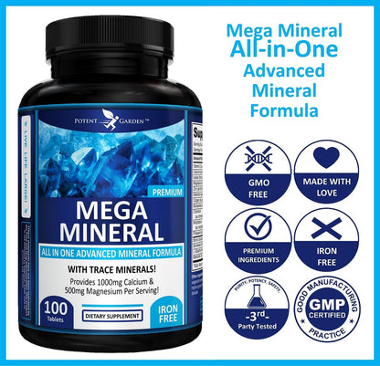 Potent Garden Mega Mineral Komplex – Vollständiger Mineralienkomplex mit Calcium, Magnesium, Zink, Kalium, Bor, Selen, Chrom & 72 Spurenelementen – Eisenfreies Calciumpräparat – 100 Kapseln