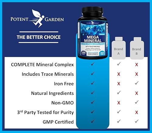 Potent Garden Mega Mineral Komplex – Vollständiger Mineralienkomplex mit Calcium, Magnesium, Zink, Kalium, Bor, Selen, Chrom & 72 Spurenelementen – Eisenfreies Calciumpräparat – 100 Kapseln