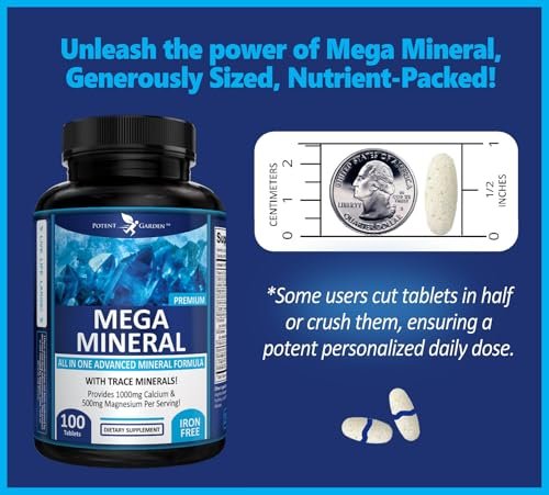 Potent Garden Mega Mineral Komplex – Vollständiger Mineralienkomplex mit Calcium, Magnesium, Zink, Kalium, Bor, Selen, Chrom & 72 Spurenelementen – Eisenfreies Calciumpräparat – 100 Kapseln