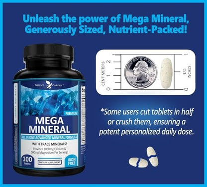 Potent Garden Mega Mineral Komplex – Vollständiger Mineralienkomplex mit Calcium, Magnesium, Zink, Kalium, Bor, Selen, Chrom & 72 Spurenelementen – Eisenfreies Calciumpräparat – 100 Kapseln