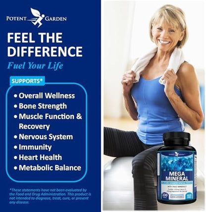 Potent Garden Mega Mineral Komplex – Vollständiger Mineralienkomplex mit Calcium, Magnesium, Zink, Kalium, Bor, Selen, Chrom & 72 Spurenelementen – Eisenfreies Calciumpräparat – 100 Kapseln