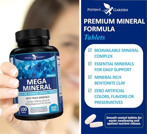 Potent Garden Mega Mineral Komplex – Vollständiger Mineralienkomplex mit Calcium, Magnesium, Zink, Kalium, Bor, Selen, Chrom & 72 Spurenelementen – Eisenfreies Calciumpräparat – 100 Kapseln