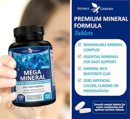 Potent Garden Mega Mineral Komplex – Vollständiger Mineralienkomplex mit Calcium, Magnesium, Zink, Kalium, Bor, Selen, Chrom & 72 Spurenelementen – Eisenfreies Calciumpräparat – 100 Kapseln