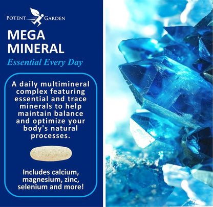 Potent Garden Mega Mineral Komplex – Vollständiger Mineralienkomplex mit Calcium, Magnesium, Zink, Kalium, Bor, Selen, Chrom & 72 Spurenelementen – Eisenfreies Calciumpräparat – 100 Kapseln