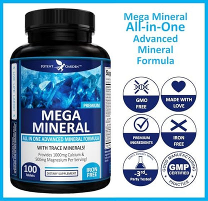 Potent Garden Mega Mineral Komplex – Vollständiger Mineralienkomplex mit Calcium, Magnesium, Zink, Kalium, Bor, Selen, Chrom & 72 Spurenelementen – Eisenfreies Calciumpräparat – 100 Kapseln