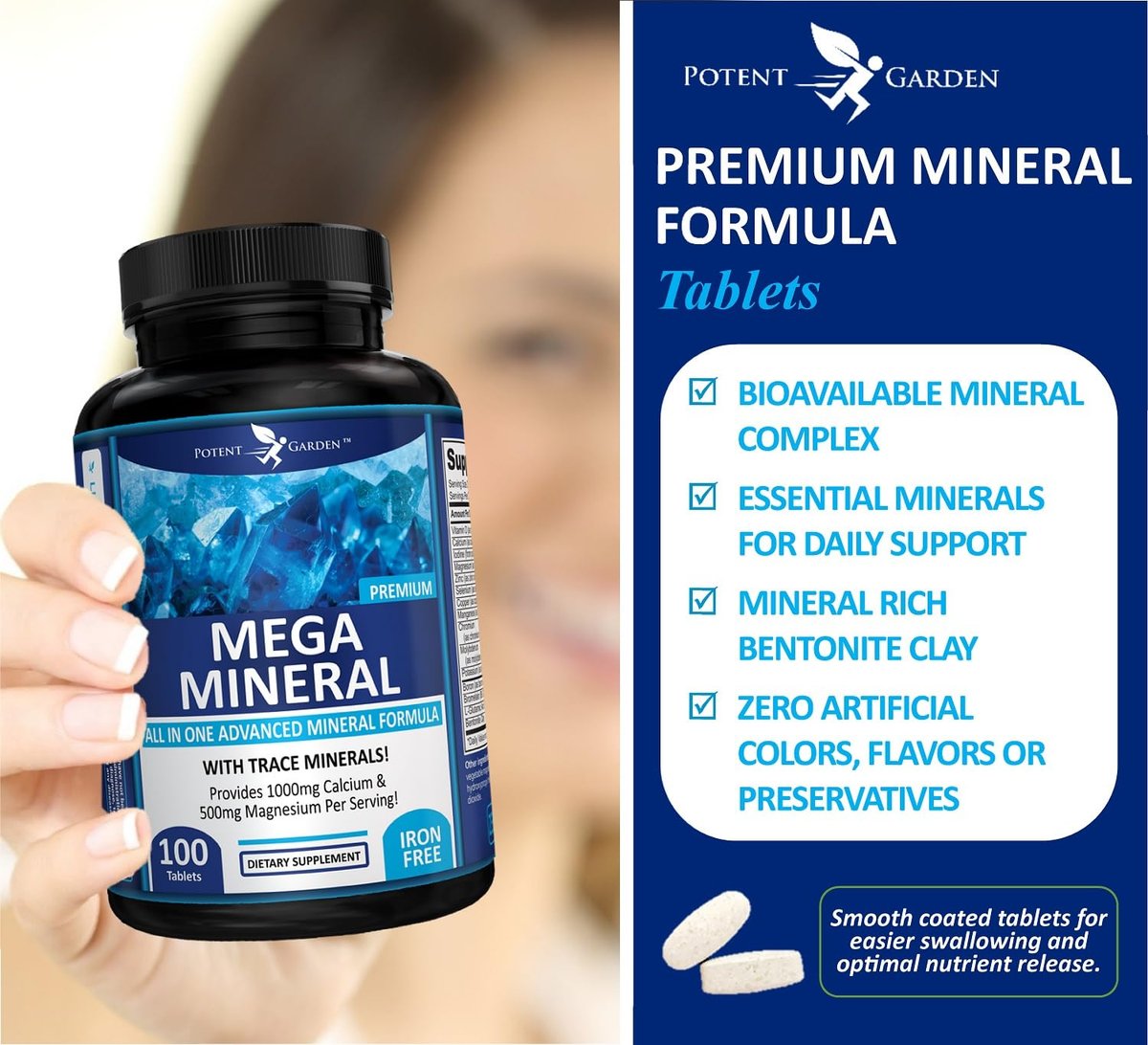 Potent Garden Mega Mineral Komplex – Vollständiger Mineralienkomplex mit Calcium, Magnesium, Zink, Kalium, Bor, Selen, Chrom & 72 Spurenelementen – Eisenfreies Calciumpräparat – 100 Kapseln