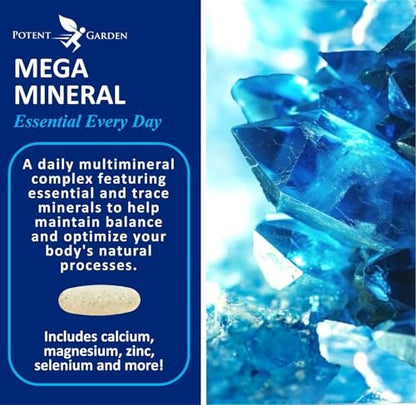 Potent Garden Mega Mineral Komplex – Vollständiger Mineralienkomplex mit Calcium, Magnesium, Zink, Kalium, Bor, Selen, Chrom & 72 Spurenelementen – Eisenfreies Calciumpräparat – 100 Kapseln