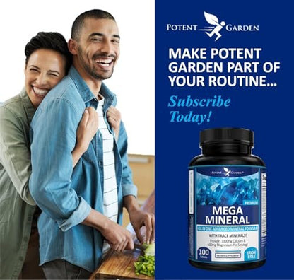 Potent Garden Mega Mineral Komplex – Vollständiger Mineralienkomplex mit Calcium, Magnesium, Zink, Kalium, Bor, Selen, Chrom & 72 Spurenelementen – Eisenfreies Calciumpräparat – 100 Kapseln