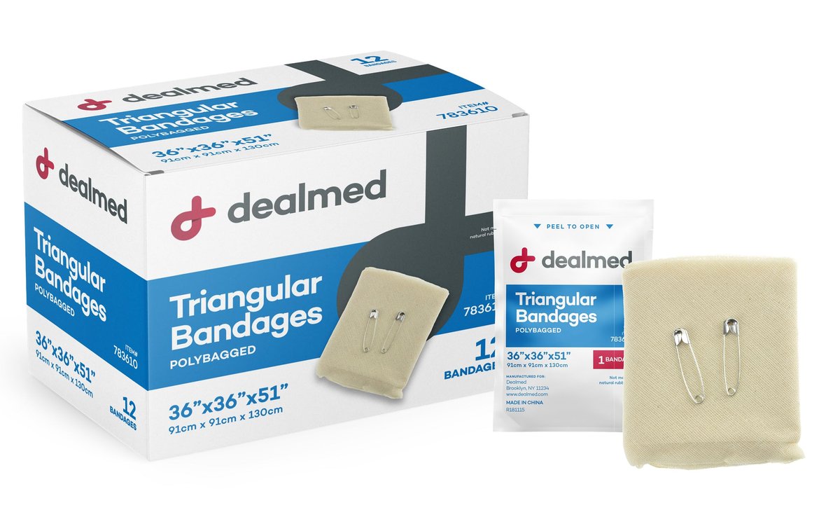 Dealmed Latexfreie Dreieckstücher – 12 Baumwoll-Bandagen mit 2 Sicherheitsnadeln, 36" x 36" x 51" Kompressionswickel, Wundversorgung für Erste-Hilfe-Set und medizinische Einrichtungen