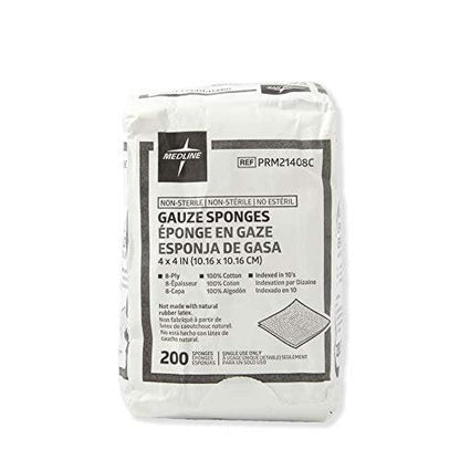 Medline 4 x 4 cm Mullkompressen, 100% Baumwolle, 8-lagig gewebt, unsteril, Packung mit 200 Stück