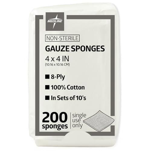 Medline 4 x 4 cm Mullkompressen, 100% Baumwolle, 8-lagig gewebt, unsteril, Packung mit 200 Stück