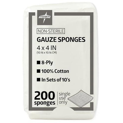 Medline 4 x 4 cm Mullkompressen, 100% Baumwolle, 8-lagig gewebt, unsteril, Packung mit 200 Stück