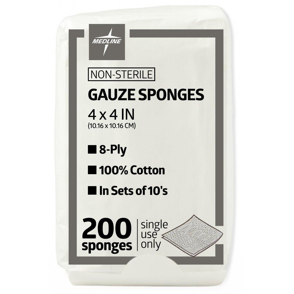 Medline 4 x 4 cm Mullkompressen, 100% Baumwolle, 8-lagig gewebt, unsteril, Packung mit 200 Stück
