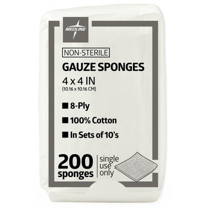 Medline 4 x 4 cm Mullkompressen, 100% Baumwolle, 8-lagig gewebt, unsteril, Packung mit 200 Stück