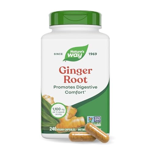 Nature's Way Ingwer Wurzel Kapseln, 1100 mg pro 2-Kapsel-Portion, Nahrungsergänzungsmittel für Verdauungskomfort und Reisekrankheit, Vegan, Non-GMO Project verifiziert, 240 Stück