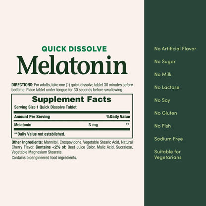 Nature's Bounty Melatonin 3 mg, 120 Schnell lösliche Tabletten – Fördert Entspannung & Schlaf, 100 % medikamentenfreies Schlafmittel