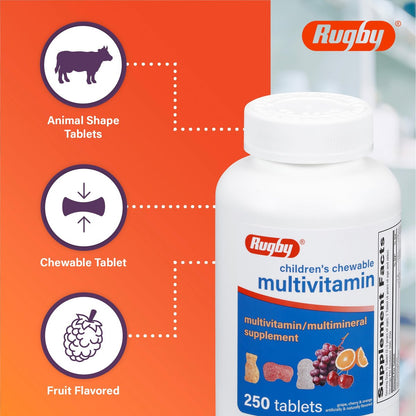 Rugby Kinder Multivitamin Kautabletten - Nahrungsergänzungsmittel - Fruchtgeschmack - Tierformen - 250 Stück