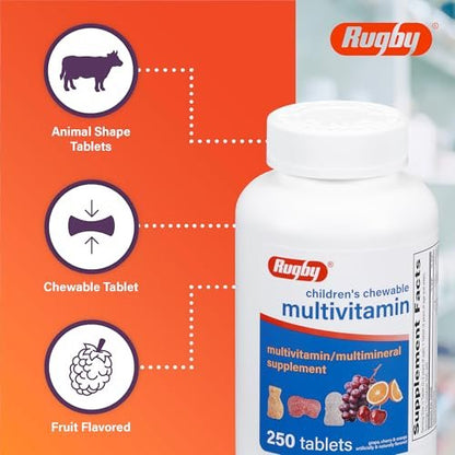 Rugby Kinder Multivitamin Kautabletten - Nahrungsergänzungsmittel - Fruchtgeschmack - Tierformen - 250 Stück