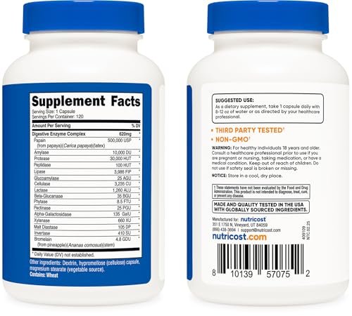 Nutricost Verdauungsenzyme 620mg, 120 Kapseln - Komplexes Verdauungsenzym-Präparat
