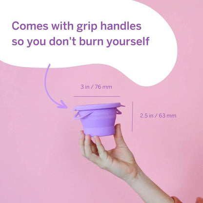 Pixie Menstruationstasse Kompakt-Sterilisator – Zusammenklappbarer Reinigungsbehälter für Damenhygiene – Mikrowellengeeignet & Wiederverwendbar – Ideal für öffentliche Toiletten, Camping & Wohnheime – Lila, 237 ml