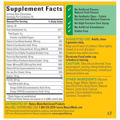 Nature Made Multivitamin + Omega-3 Gummis für Frauen und Männer, tägliche Nahrungsergänzung, 140 Erwachsenen-Gummivitamine, 70-Tage-Vorrat