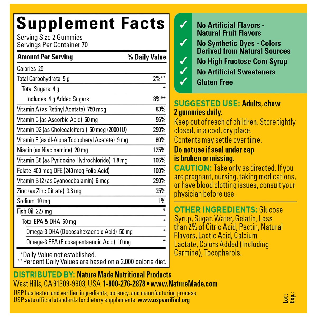 Nature Made Multivitamin + Omega-3 Gummis für Frauen und Männer, tägliche Nahrungsergänzung, 140 Erwachsenen-Gummivitamine, 70-Tage-Vorrat