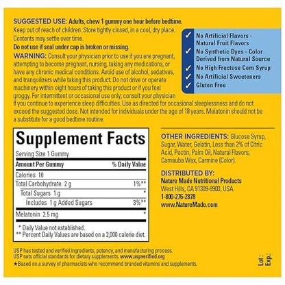 Nature Made Melatonin Gummis 2,5 mg – 80 Stück, 80-Tage-Vorrat, Schlafhilfe für Erwachsene, 100 % Medikamentenfrei