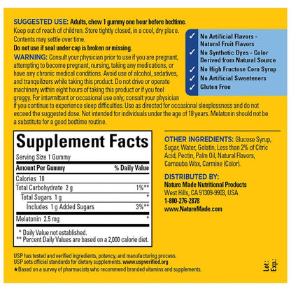 Nature Made Melatonin Gummis 2,5 mg – 80 Stück, 80-Tage-Vorrat, Schlafhilfe für Erwachsene, 100 % Medikamentenfrei