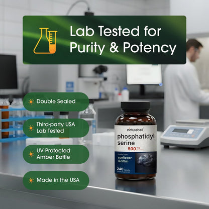 NatureBell Phosphatidylserin 500mg - 240 Kapseln - Gehirnunterstützung für Männer und Frauen* - Bioverfügbares Sonnenblumenlecithin - Leicht zu schlucken - Glutenfrei