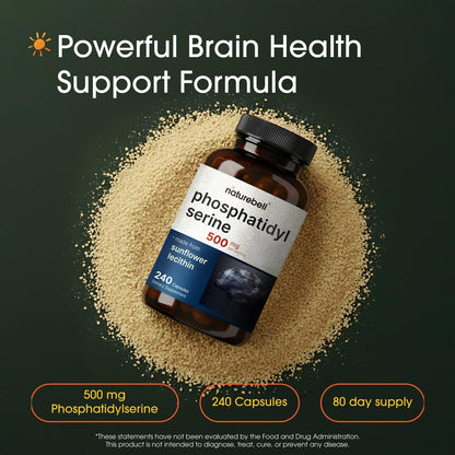 NatureBell Phosphatidylserin 500mg - 240 Kapseln - Gehirnunterstützung für Männer und Frauen* - Bioverfügbares Sonnenblumenlecithin - Leicht zu schlucken - Glutenfrei