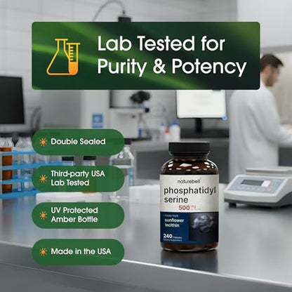 NatureBell Phosphatidylserin 500mg - 240 Kapseln - Gehirnunterstützung für Männer und Frauen* - Bioverfügbares Sonnenblumenlecithin - Leicht zu schlucken - Glutenfrei